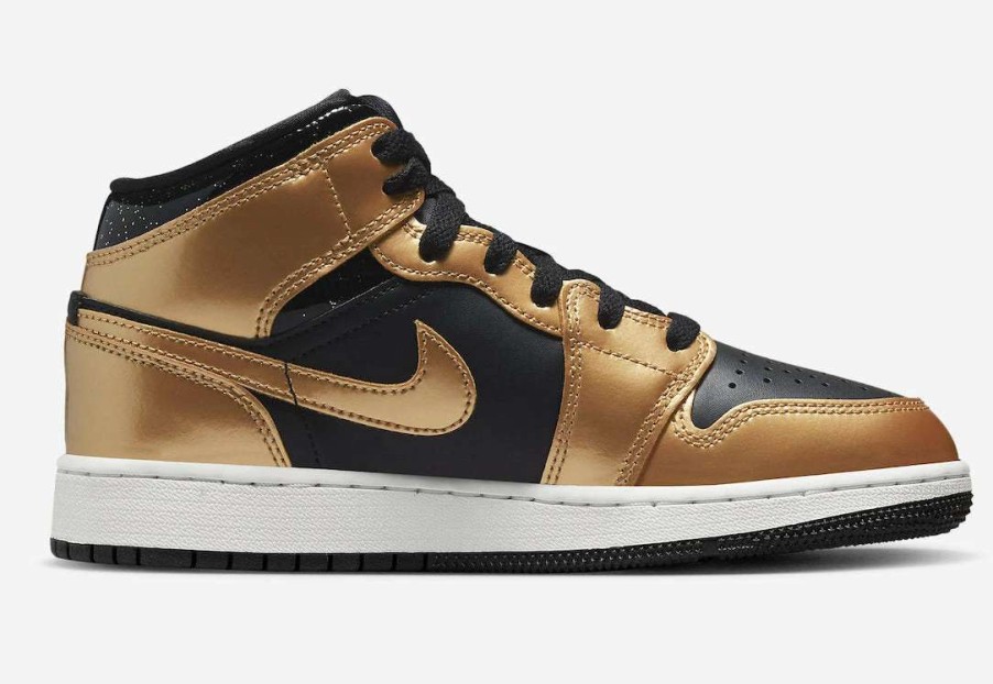 Air Jordan * | Air Jordan 1 Mid Se (Gs) Black Metallic Gold White Dr6967-071